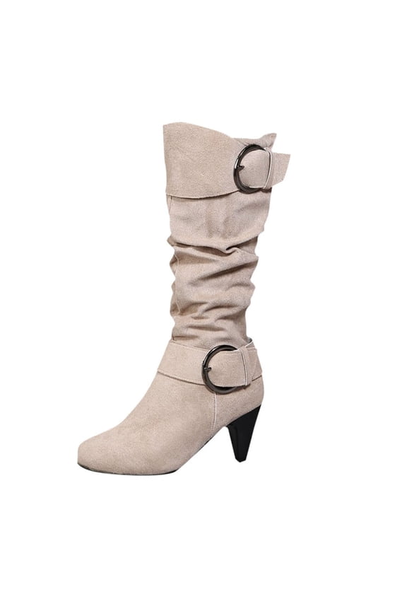 Slouch Womans Boots Mid-Calf Beige Wide Width Western Low Heel Buckles Boots Women's Shoes 36