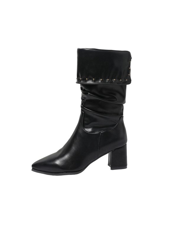 Slouch Womans Boots Mid-Calf Black Wide Width Fold Over Pointed Toe Faux Leather Block Heel Boots Ladies Shoes 39