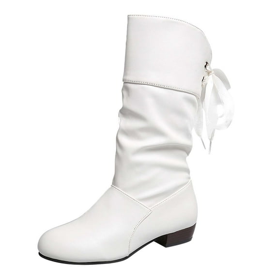 Dasayo Slouch Women Booties Mid-Calf White Wide Width Low Heel Pointed Toe Rubber Lace up Boots Womans Shoes 36