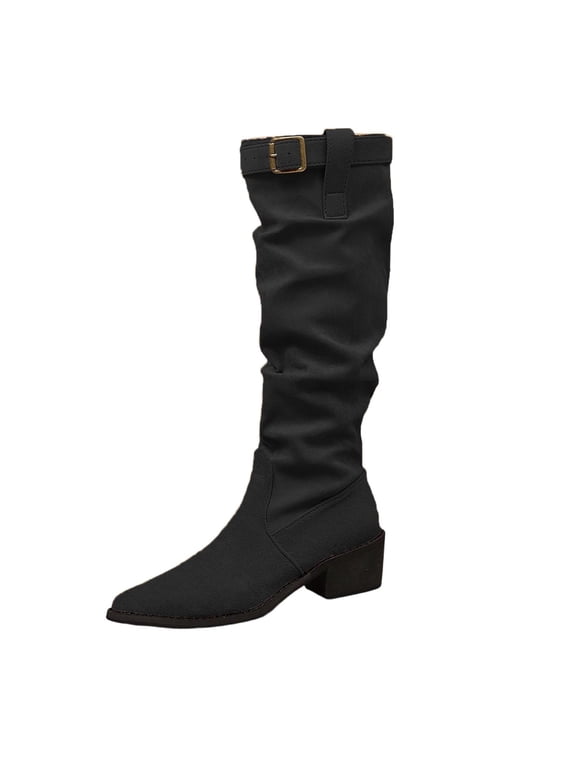 Slouch Women Boots Black Mid-Calf Comfort Snip Toe Casual Buckle Boots Woman Shoes 40