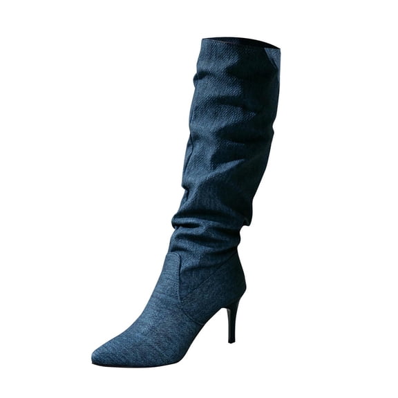 Dasayo Slouch Women Boots Dress Mid-Calf Blue Pointed Toe Wide Calf High Heel Boots Woman Shoes 37