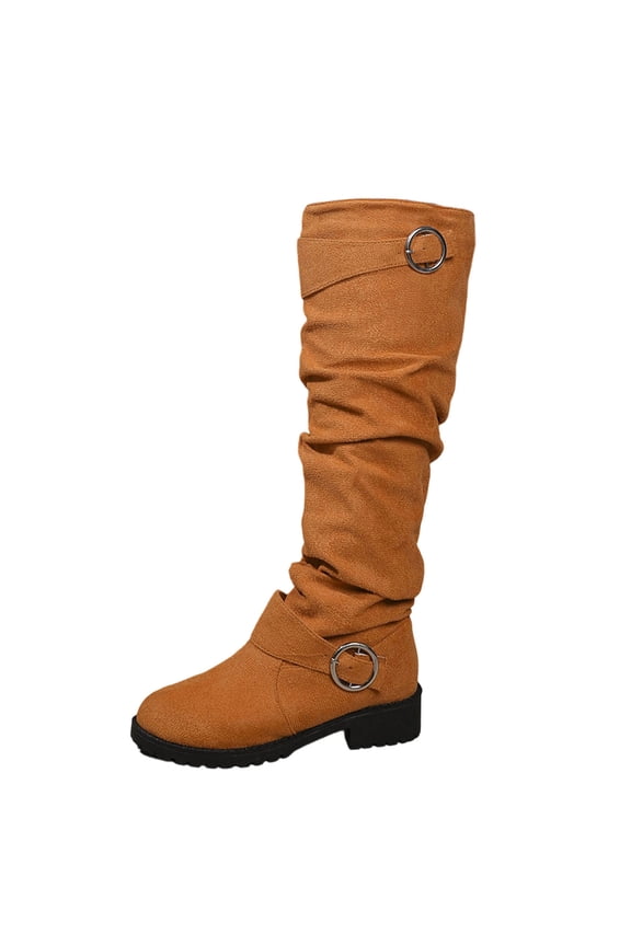 Slouch Women Boots Footwear Orange Knee-High Wide Width Round Toe Dressy Buckles Boots Womans Shoes 36