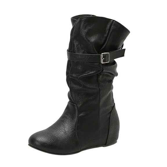 Dasayo Slouch Women Boots Footwear Western Mid-Calf Black Buckles Wide Calf Faux Leather Boots Woman Shoes 36