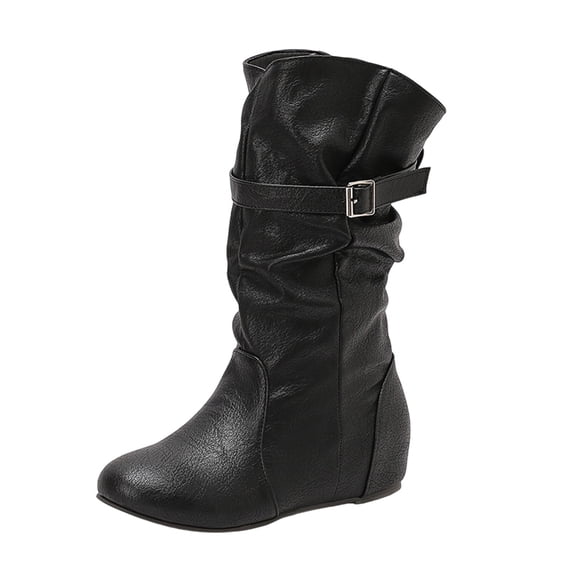 Dasayo Slouch Women Boots Footwear Western Mid-Calf Black Buckles Wide Calf Faux Leather Boots Woman Shoes 36