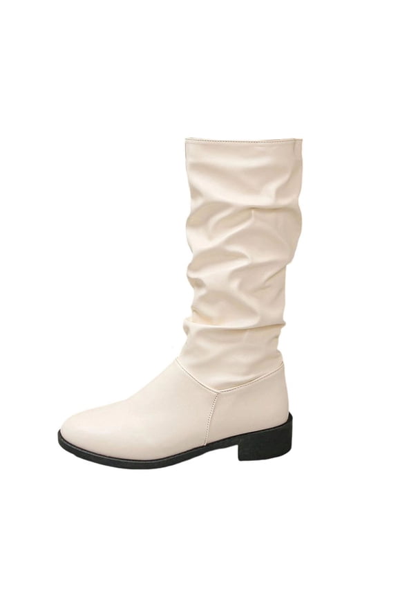 Slouch Womens Booties Mid-Calf Beige Western Dressy Faux Leather Flat Wide Calf Boots Womens Shoes 40