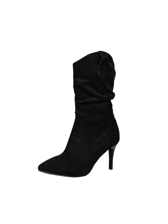 Slouch Womens Boots Black Mid-Calf Wide Calf High Heel Dressy Pointed Toe Boots Woman Shoes 35