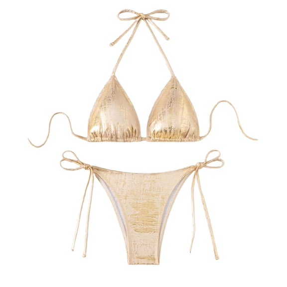 Dasayo Sparkly Bikinis for Women Push up Halter 2 Piece Gold Lace up Tie Back High Cut Bikini Sets Womens Bathing Suit L