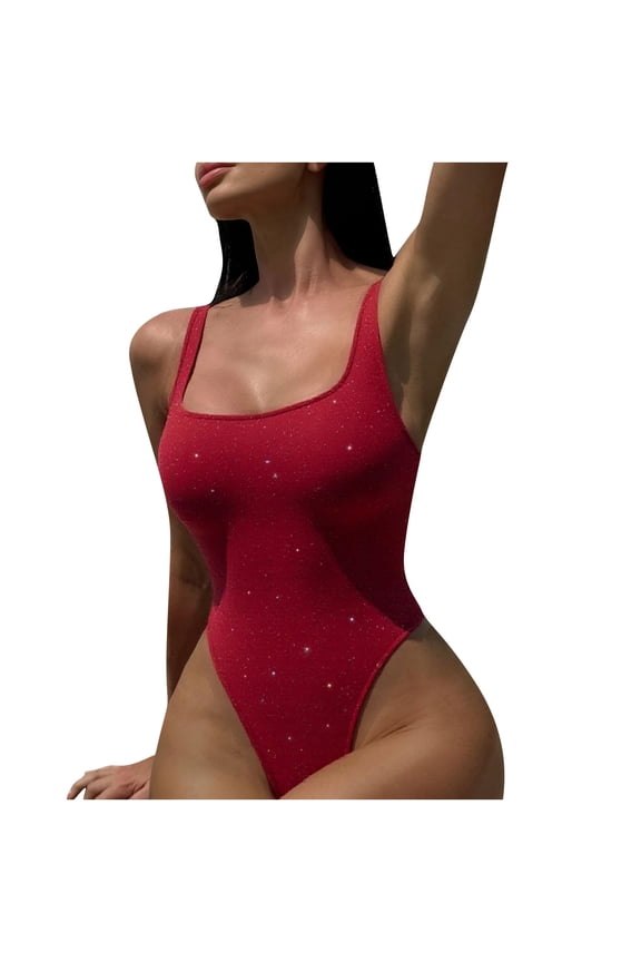 Sparkly Womens Swimsuit Cheeky Sequin One Piece Tummy Control Tie Back Swimming Suits Womens Bathing Suit L