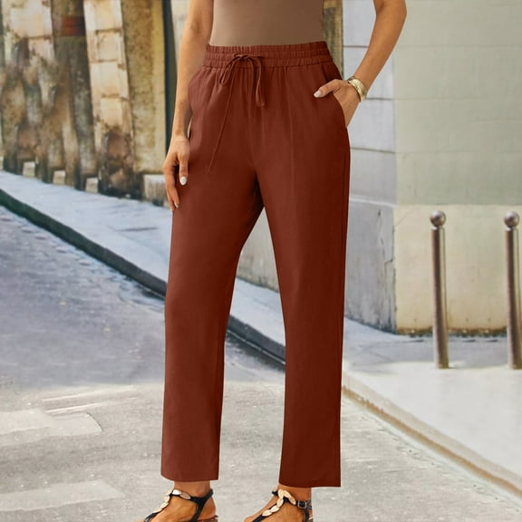 Dasayo Straight-Leg Pants Women Cotton Linen High Waist Red Trousers Casual Drawstring Capris Womens Sweatpants XXXXL