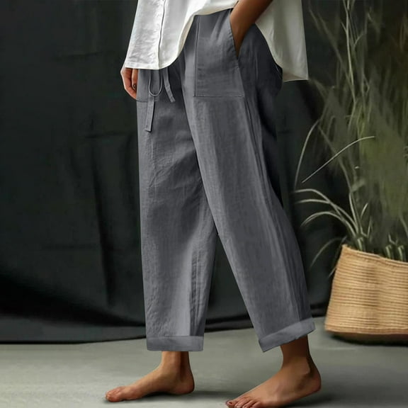 Dasayo Straight-Leg Women Pants High Waist Cotton Linen Gray Capris Casual Solid Drawstring Slacks Women Leggings XXXXXL