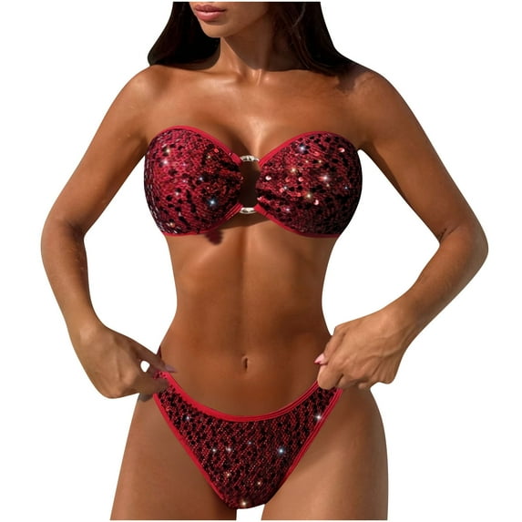 Dasayo Strapless Bikini Sets for Women Sparkly Two Piece Red Sequin Tie Back Push up Bikinis Bathing Suit for Women L