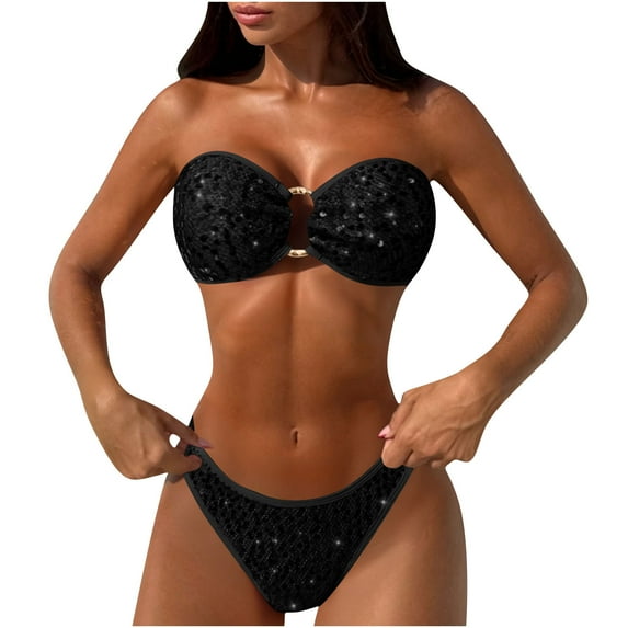 Dasayo Strapless Womens Bikini Two Piece Black Sequin Sparkly Tie Back Push up Bikinis Womens Bikini Swimsuits L