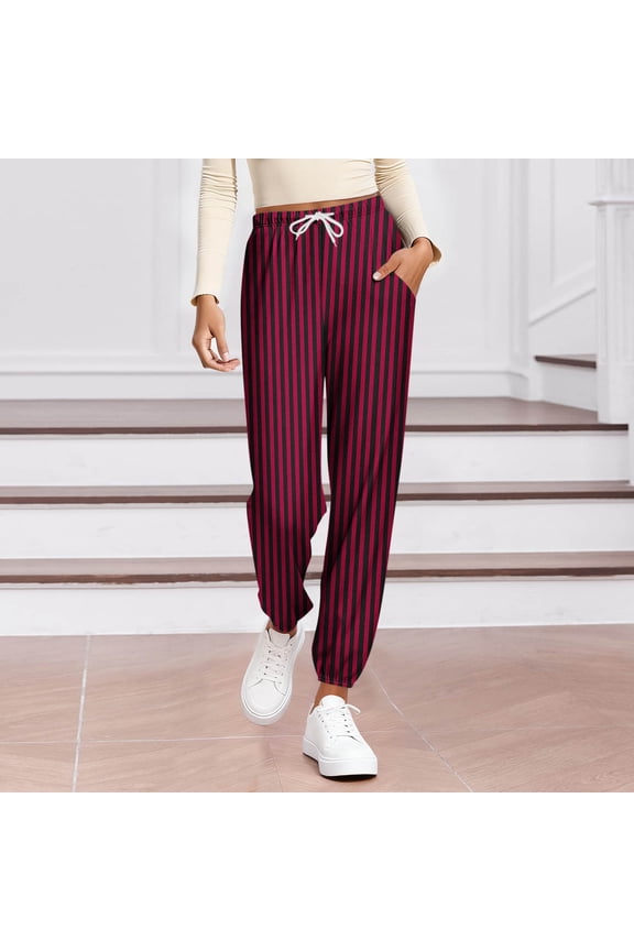 Striped Ladies Pants Red Fall Taper High Waisted Running Drawstring Joggers Womens Trousers S