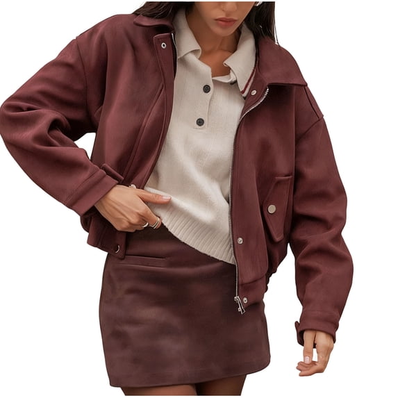 Dasayo Suede Coats for Women Brown Crop Bomber Barn Zip up Collared Jacket Womens Jacket L