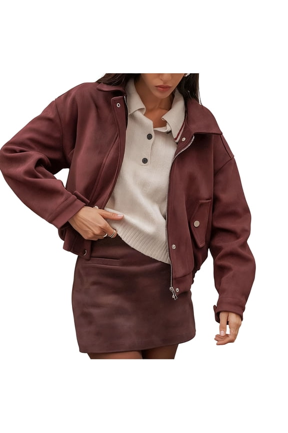 Suede Coats for Women Brown Crop Bomber Barn Zip up Collared Jacket Womens Jacket L