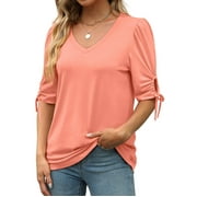 Dasayo Summer Blouses for Women Orange V-Neck Blouses Solid 3/4 Sleeve Clothes Size XL