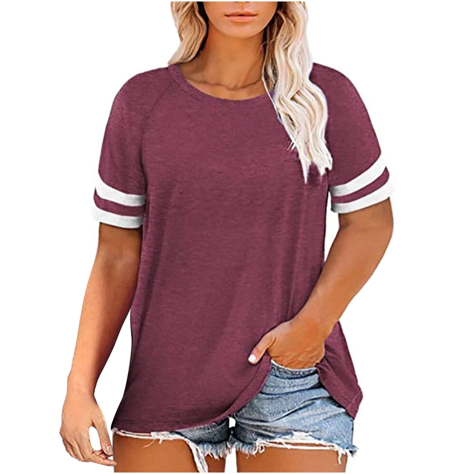 Dasayo Summer Shirts for Women 2024 Red Crew Neck Plus Size Tshirts
