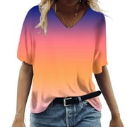 Dasayo Summer Shirts for Women 2024 V-Neck Multi-color Tshirts Gradient Short Sleeve Clothes Size XL