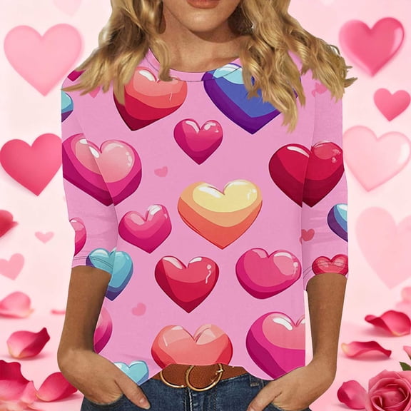 Dasayo Summer Tops for Women 3/4 Sleeve Graphic Blue Valentines Day Blouses Funny Heart Outfits Womens T Shirts L