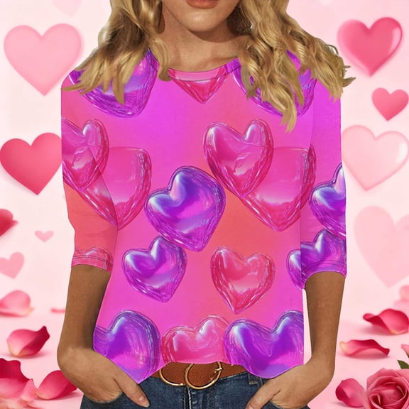 Dasayo Summer Womens Tops Graphic Valentines Day Purple 3/4 Sleeve Blouses Heart Funny Outfits T Shirts for Women S