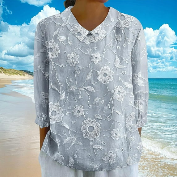 Dasayo Summer Womens Tops Trendy Boho Light Blue 3/4 Sleeve Collared Ruffle Floral T-Shirt Blouses for Women L
