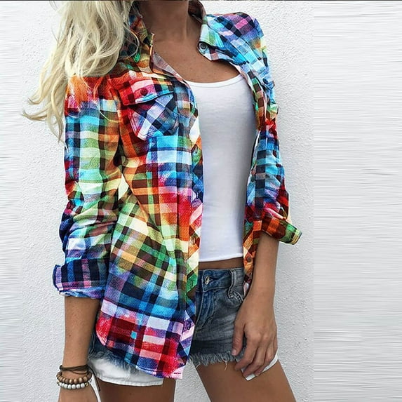 Dasayo Sweatshirt for Women Trendy Women's Fashion Casual Lapel Top Loose Buttoned Long Sleeve Plaid Print Blouse