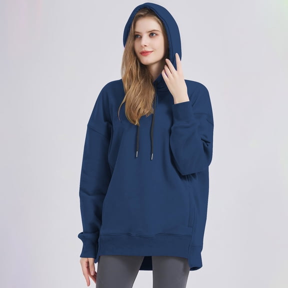 Dasayo Sweatshirts for Women Blue Oversized Long Sleeve Pocket Shirring Hem Solid Drawstring Hoodies Ladies Tops L