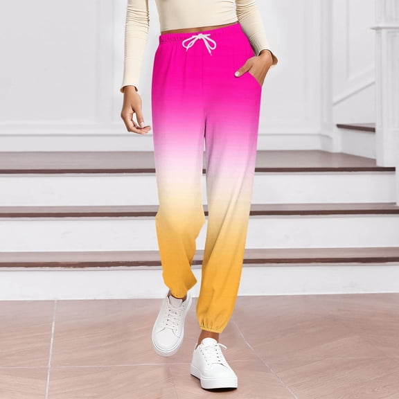Dasayo Taper Ladies Pants Fall Hot Pink High Waisted Running Drawstring Gradient Color Joggers Sweatpants Women M