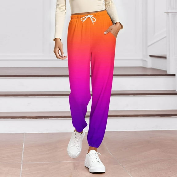 Dasayo Taper Women Pants Yellow High Waisted Fall Gradient Color Running Drawstring Joggers Trousers for Women M