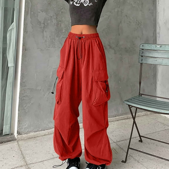 Dasayo Taper Womens Pants Red Hiking High Waist Cargo Pockets Drawstring Pants Sweatpants for Women XXXL