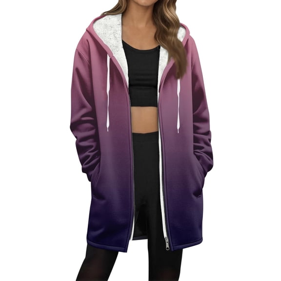 Dasayo Thermal Coat Women Red Long Fleece Drawstring Zip up Gradient Color Coats Women Jacket S