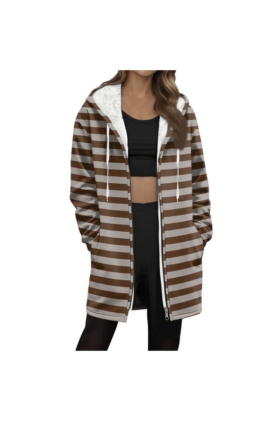 Thermal Coats for Women Brown Fleece Long Striped Zip up Drawstring Coats Jackets for Women Trendy S