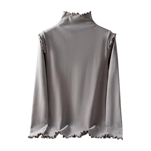 Dasayo Thermal Womens Tops Gray Long Sleeve Winter Undershirts Ruffle Warm Turtleneck Solid Clothing Womens Tshirt L