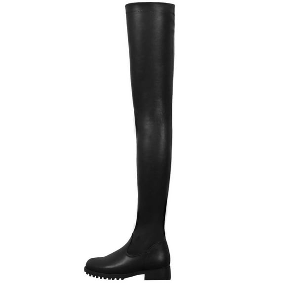 Dasayo Thigh-High Women's Boots Low Heel Black Dress Stretch Faux Leather Side Zip Pointed Toe Boots Women's Shoes 35