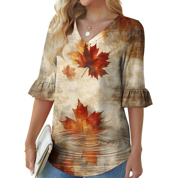 Dasayo Tops for Women Trendy Dressy V-Neck Long Sleeve Ruffle Graphic Prints Blouses T Shirts for Women XL