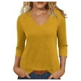 thumbnail image 1 of Dasayo Tops for Women Trendy V-Neck 3/4 Sleeve Business Casual Yellow Ruffle Solid T-Shirt Womens Tees L, 1 of 5