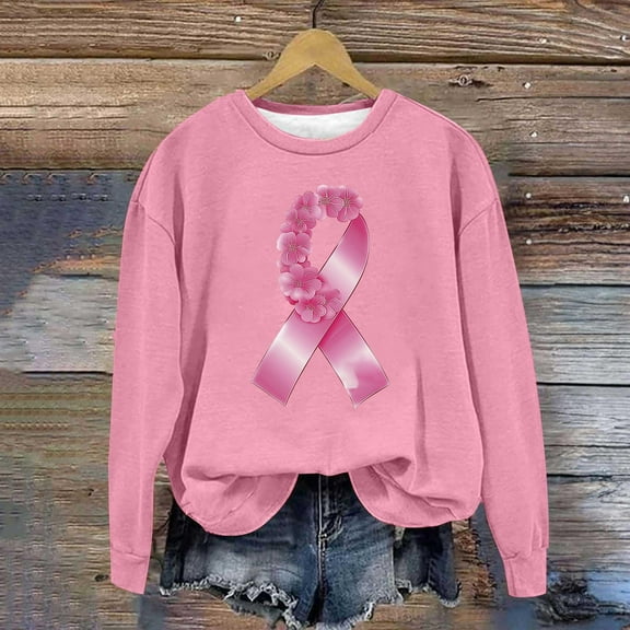 Dasayo Tops for Women Winter Long Sleeve Pink Breast Cancer Graphic Prints Sweatshirts Tee Shirts Womens L