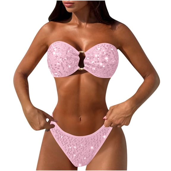 Dasayo Two Piece Womens Bikini Pink Sequin Sparkly Strapless High Waist Tie Back Push up Bikinis Swim Suits for Women L
