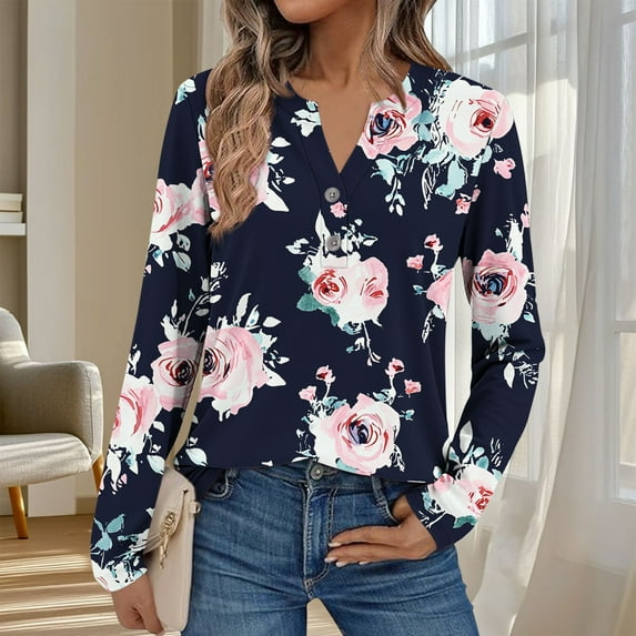 Dasayo V-Neck Ladies Tops Long Sleeve Hawaiian Pink Buttons Floral T-Shirt Women Shirts L