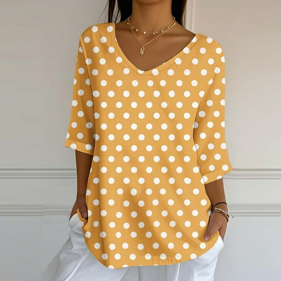 Dasayo V-Neck Ladies Tops and Blouses 3/4 Sleeve Yellow Loose Fit Polka Dot Blouses Sweatshirts for Women S