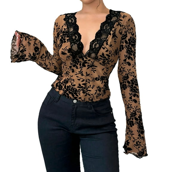 Dasayo V-Neck Women Tops Lace Yellow Flared Sleeve Low Cut Tops Crop Ruffle See Through Cheeky Shirts Woman Shirts L