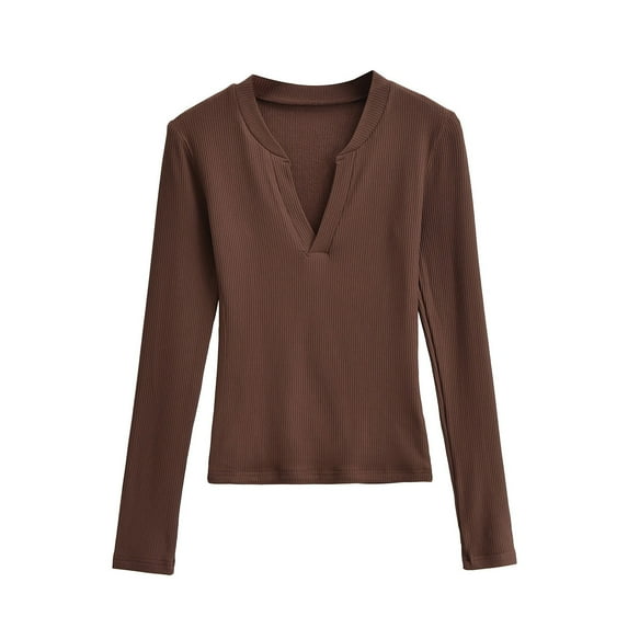 Dasayo V-Neck Women Tops Long Sleeve Bronze Fitted Solid Classic T-Shirt Womens Shirts S