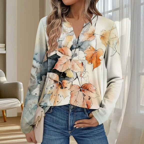Dasayo V-Neck Womens Tops Long Sleeve Hawaiian Yellow Floral Buttons T-Shirt Women's Sweatshirt L