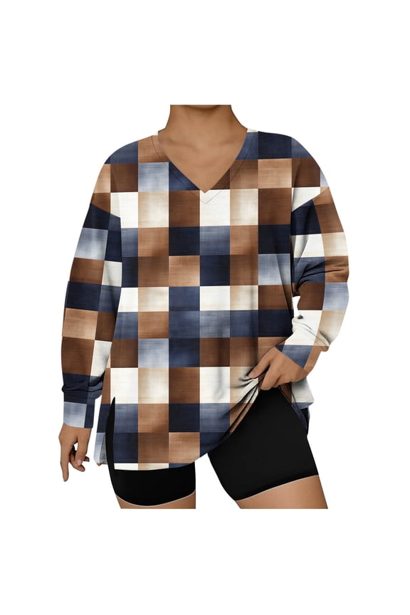 V-Neck Womens Tops Long Sleeve Plus Size Brown Blouses Comfort Plaid Side Split Dressy Tops Womens Tshirts XXXL