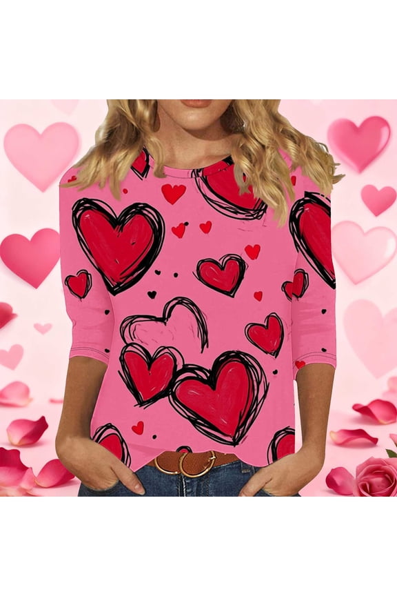 Valentines Day Tops for Women Pink Graphic 3/4 Sleeve Summer Blouses Funny Heart Outfits Blouse for Women XXXXXL