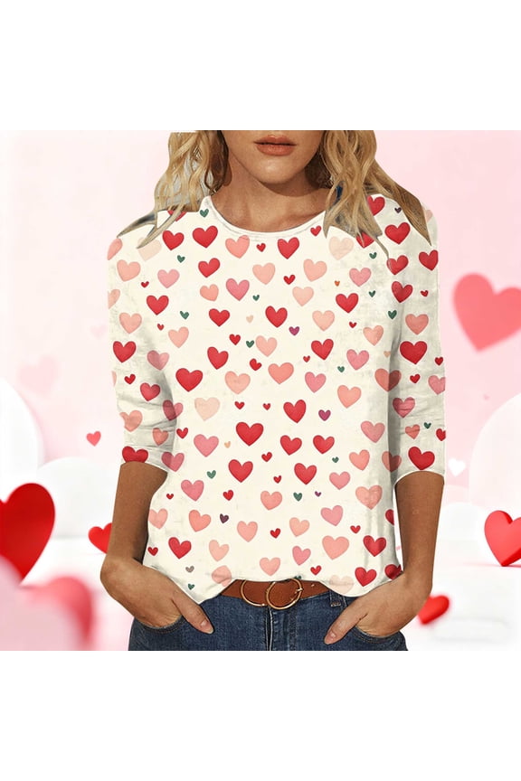 Valentines Tops for Women 3/4 Sleeve Pink Sparkly Cute Blouses Heart Light Weight Shirts Woman Shirts S