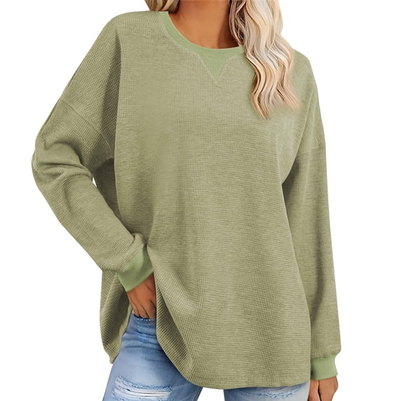 Dasayo Waffle Knit Tops for Women Oversized Green Sweatshirts Color Block Basic Fashion Blouses Womens Sweatshirts XL