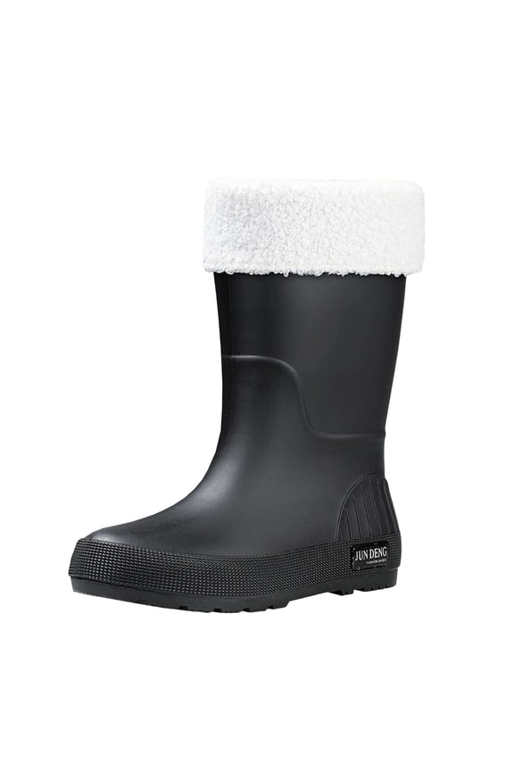 Waterproof Women's Boots Rain Black Mid-Calf Flat Non Slip Fuzzy Rainboots Women's Shoes 35