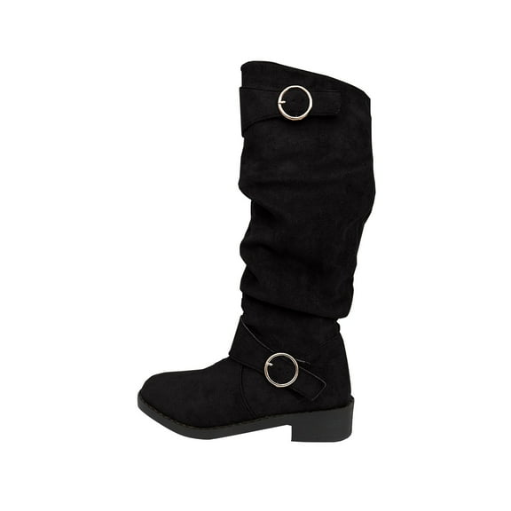 Dasayo Western Boots for Women Slouch Black Mid-Calf Buckles Wide Calf Round Toe Boots Women Shoes 43