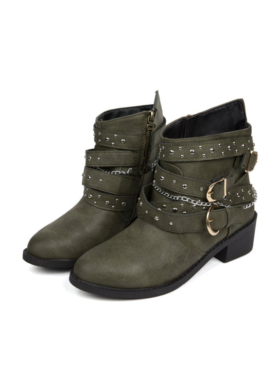 Western Ladies Boots Green Cowgirl Ankle Faux Leather Side Zip Low Heel Buckles Boots Women Shoes 40